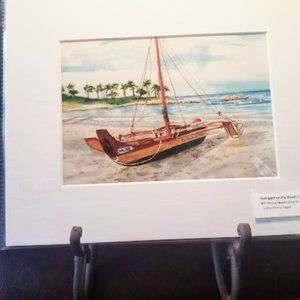 Outrigger on the Beach-WC Pencil Print-Matted 8x10